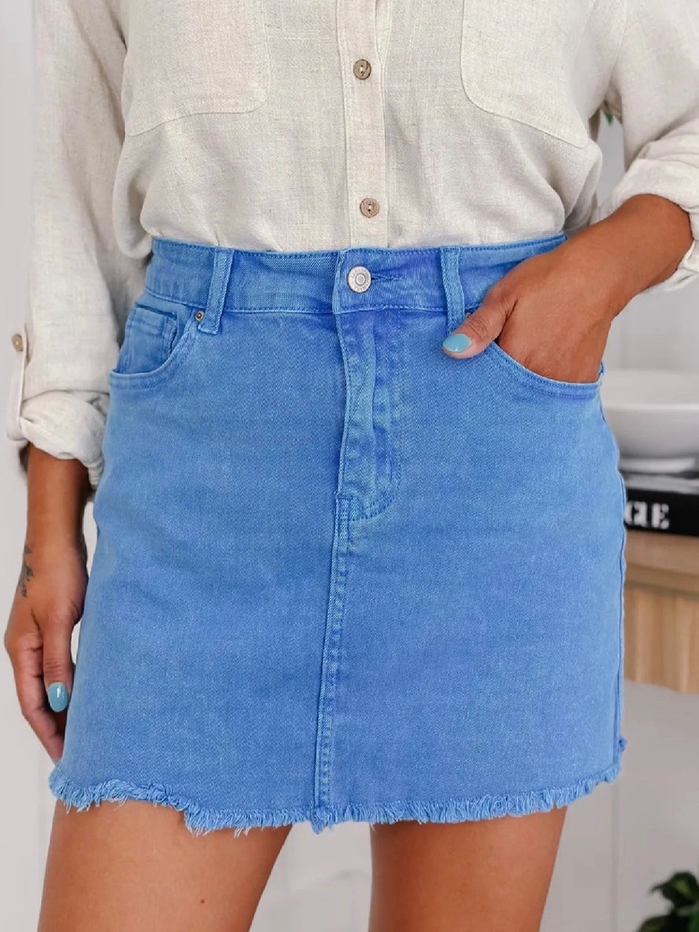 Zenana Ash Ocean Blue Acid Wash Dyed Denim Skirt size small